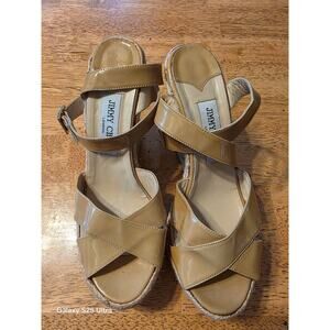 Jimmy Choo Tan Patent Leather Wedge Espadrilles – Size 8